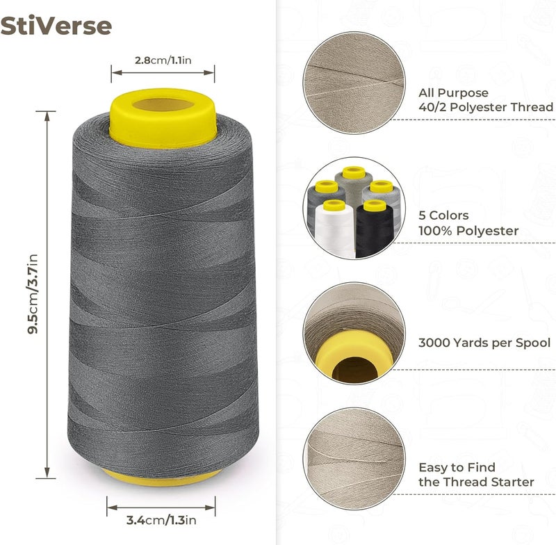 StiVerse خيط سيرجر 3000 ياردة، 5 ألوان من خيوط متعددة الأغراض للخياطة، خيط بوليستر 40S/2 لسيرجر وأوفرلوك، للحياكة، والتجميع، وماكينة الخياطة - Image 2